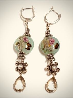 Sterling Silver Lampwork Glass Gemstone Pearl Rose Butterfly Earrings